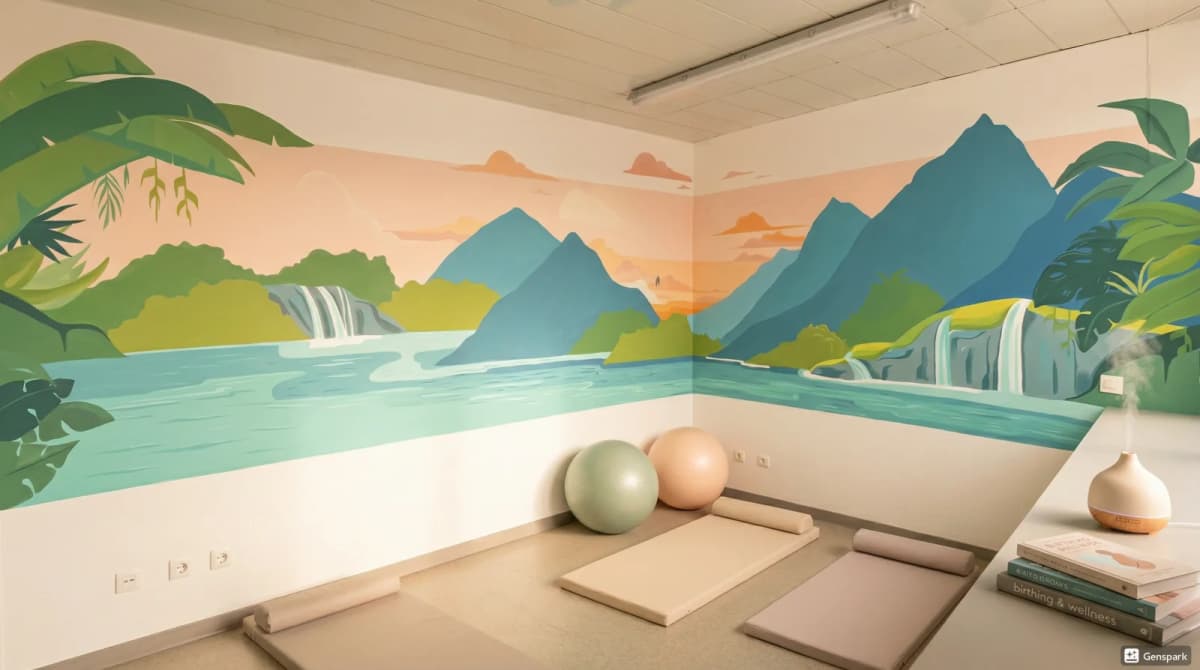 Fresque murale apaisante pour salle d'accouchement par Lusea