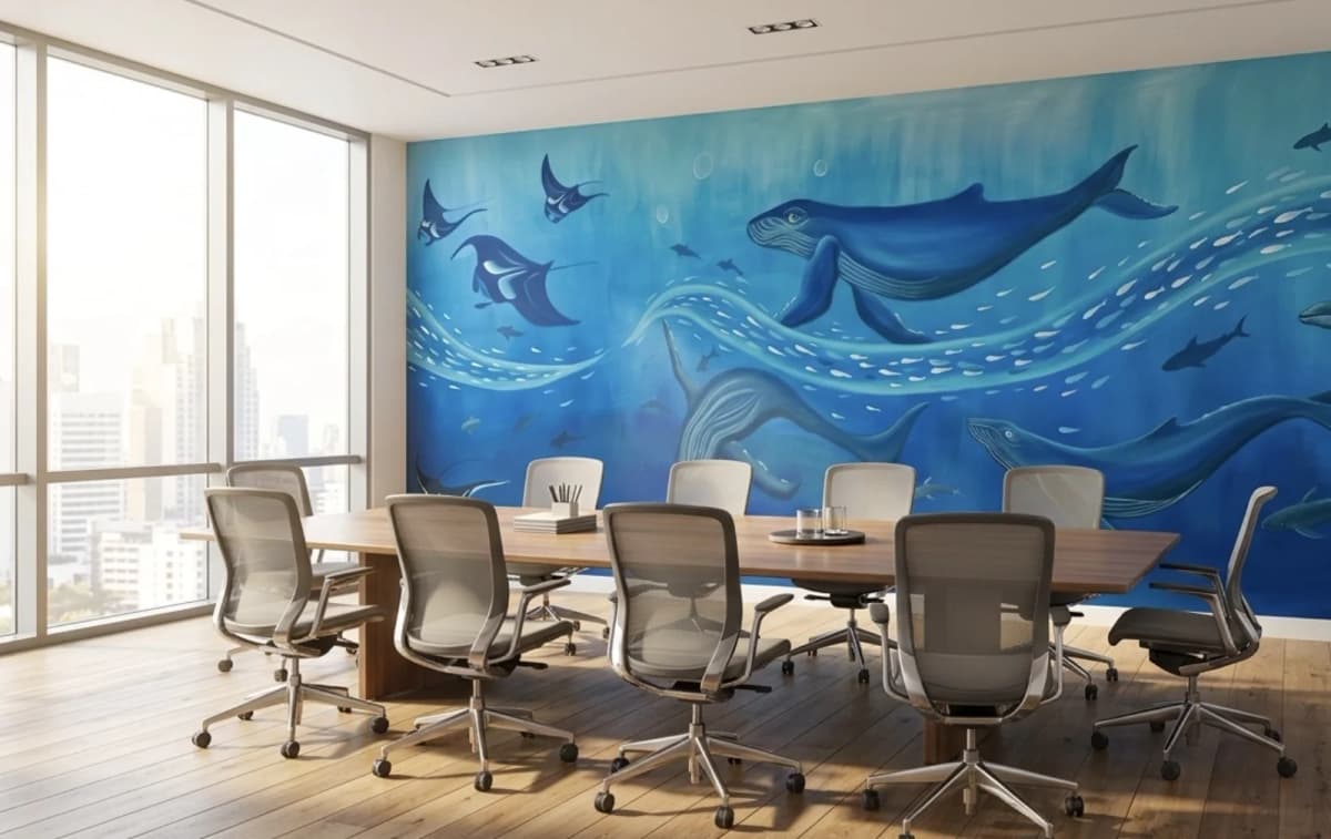 Fresque murale océan en mise en situation (simulation) dans une salle de réunion à La Réunion, par Mer Veilleuse